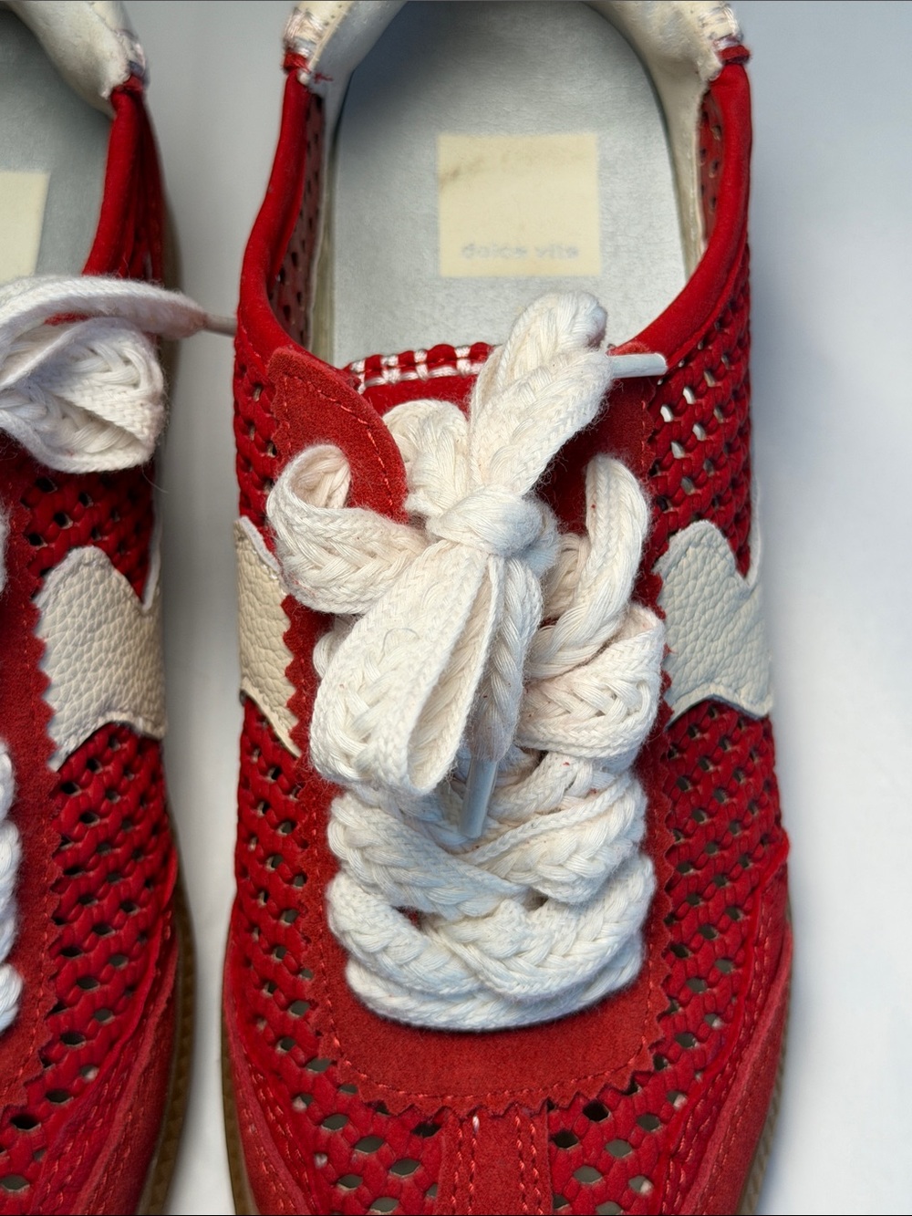 Dolce Vita Merit Perforated Red Suede Sneaker with Cream Accents - Picture 9 of 10